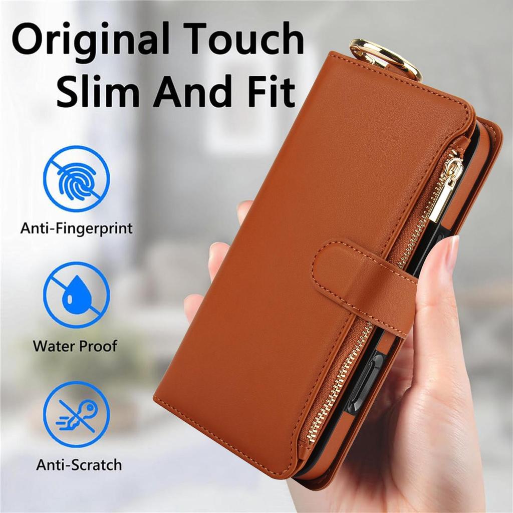 Etui Portfel Skórzany z Miejscami na Karty i Zamkiem Błyskawicznym Etui Klapka na Telefon dla IPhone 17 16 15 14 13 12 11 Pro Max Plus Promax 16e Pierścień Smycz Portmonetka