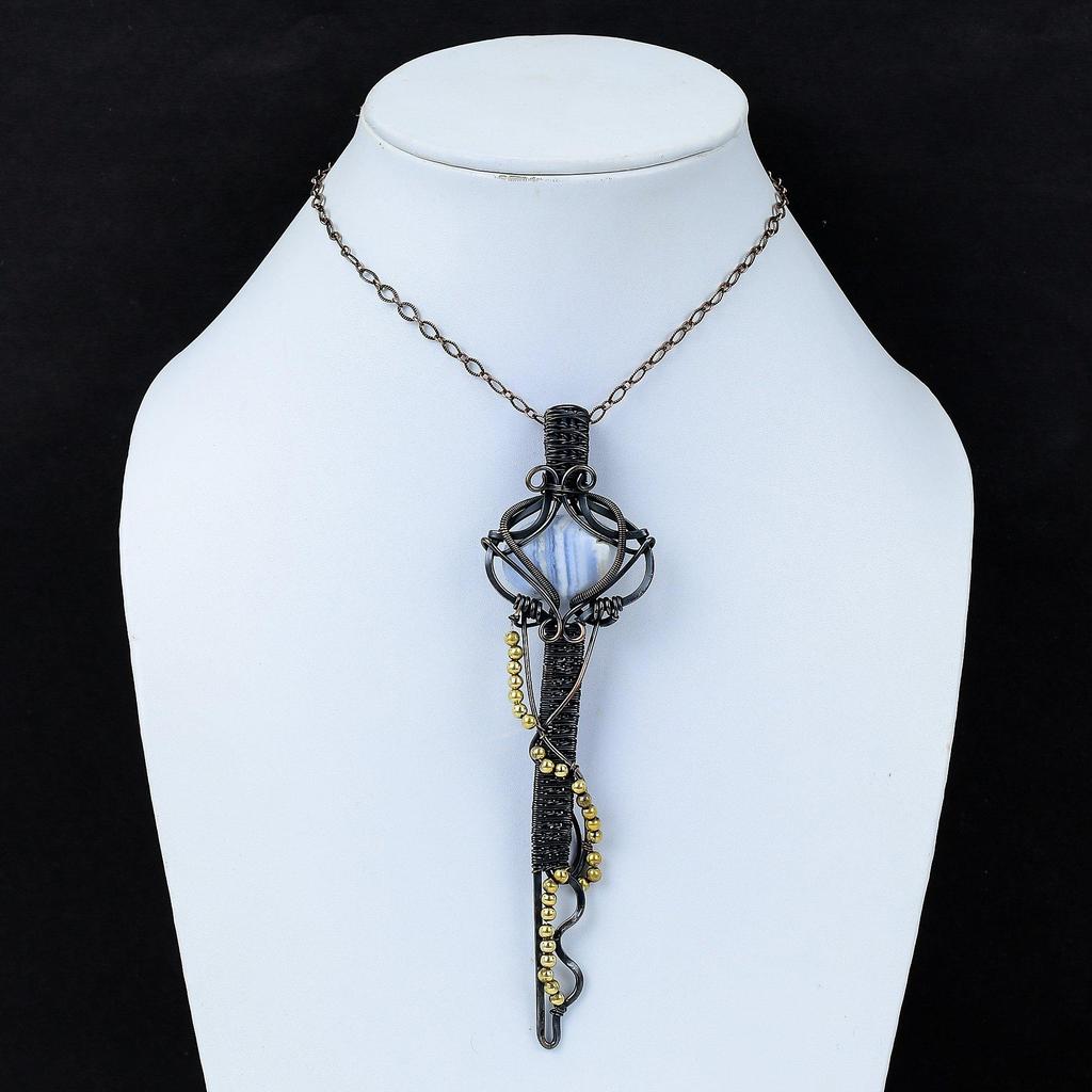 Blå blonder agat anheng Gemstone anheng kobbertråd innpakket anheng Håndlaget anheng kobbertråd nøkkel smykker gave til ham Designer anheng