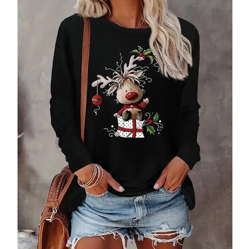 

2025 Осень и Зима Женский Новый Повседневный Топ с Круглым Вырезом и Длинным Рукавом с 3D Рождественским Узором XS чёрный