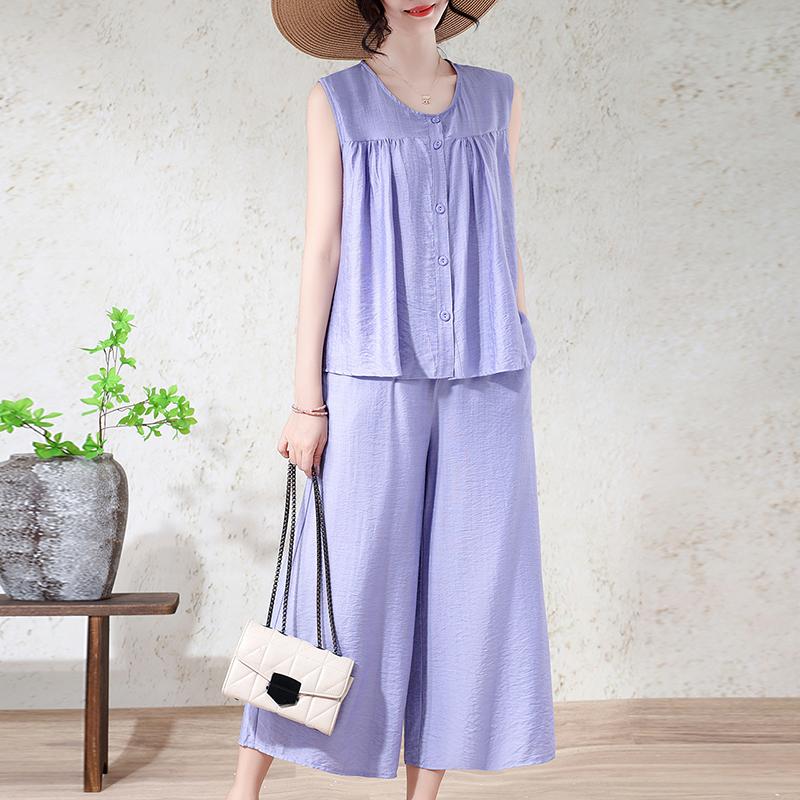 Women's Plus Size 2-Piece Set, Linen-cotton Sleeveless Button Top & Wide Leg Pants (XL-7XL)