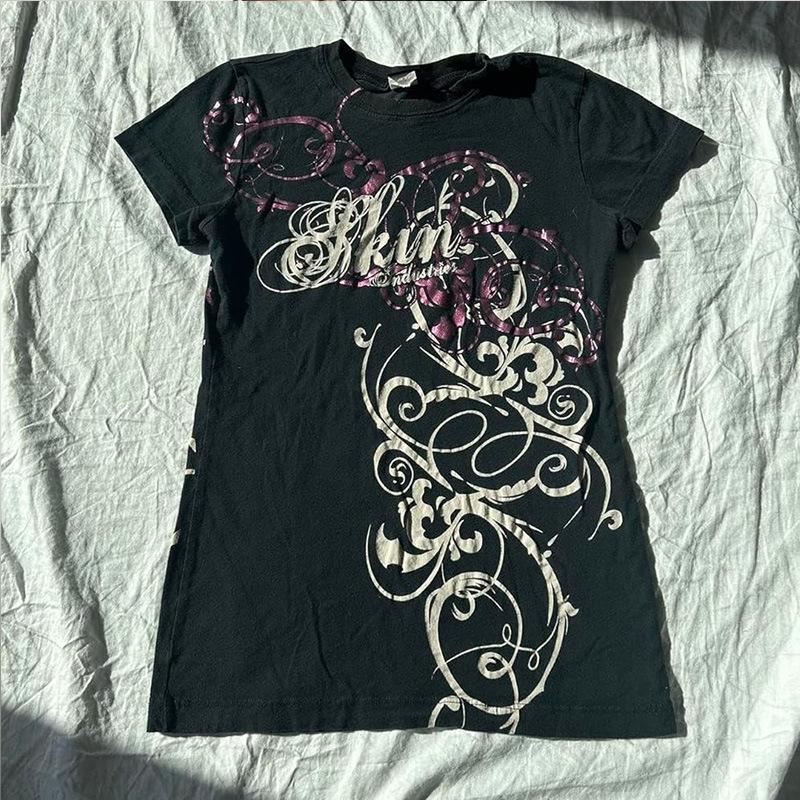 2026 Women's Gothic Letter Print Short-Sleeve Top, Dark Punk Style for Summer
