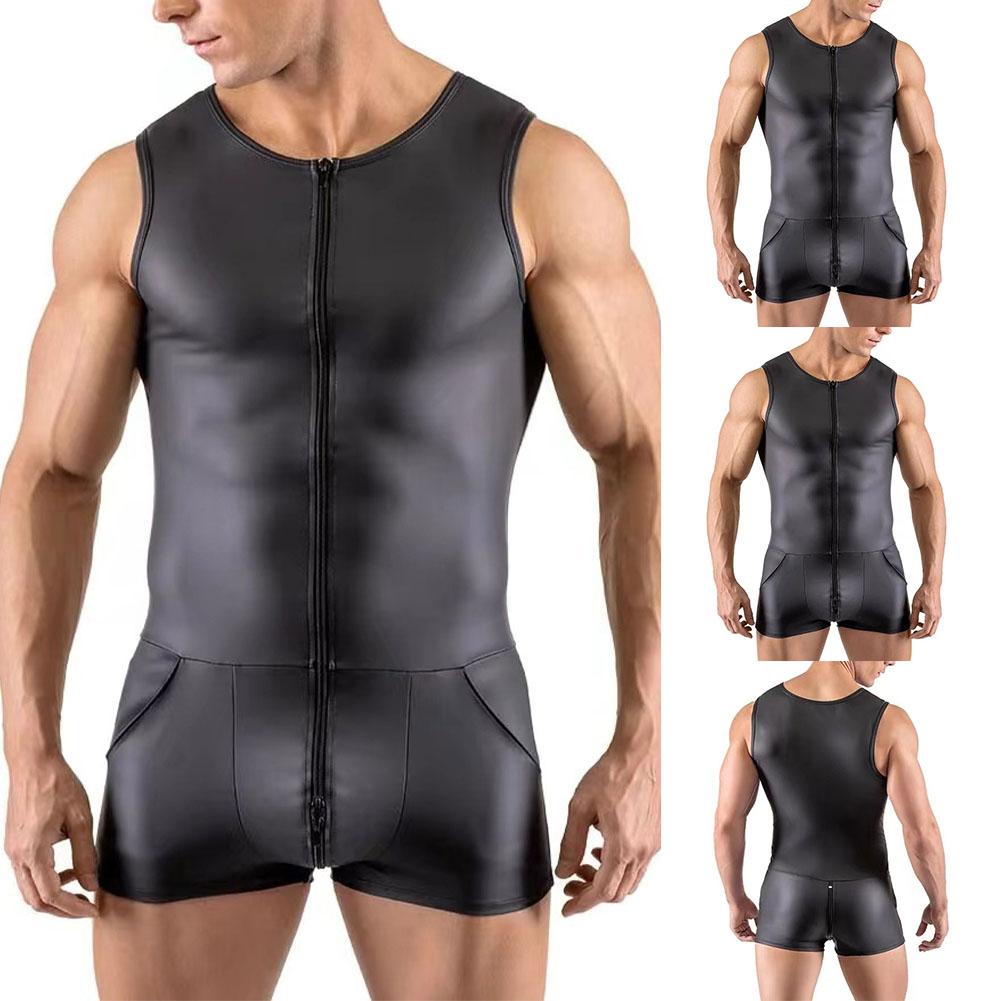 Hot Sexy Men Faux Leather Bodysuit Nightclub Costumes Tight Pouch Leotard Sleeveless Zip-up Open Crotch Jumpsuit Erotic Lingerie