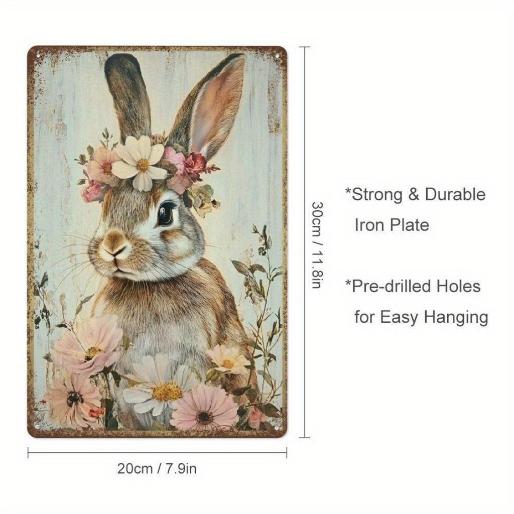 Vintage Bunny with Floral Wreath Metal Tin Sign, Rustic Iron Wall Art for Home, Garden, Gym, Cafe, Garage