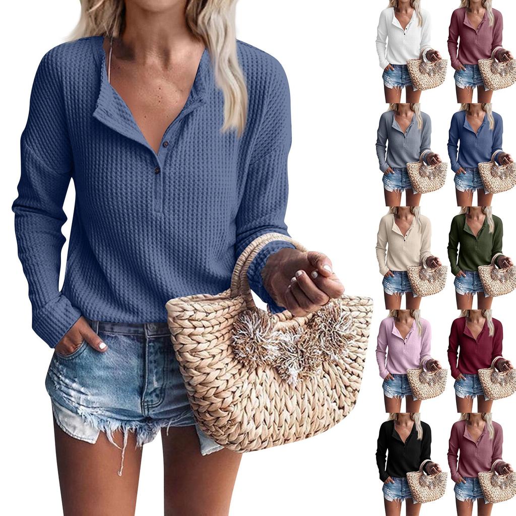 Moteriškas mados kasdienis V formos iškirptės sagomis ilgomis rankovėmis vienspalvis laisvas topas