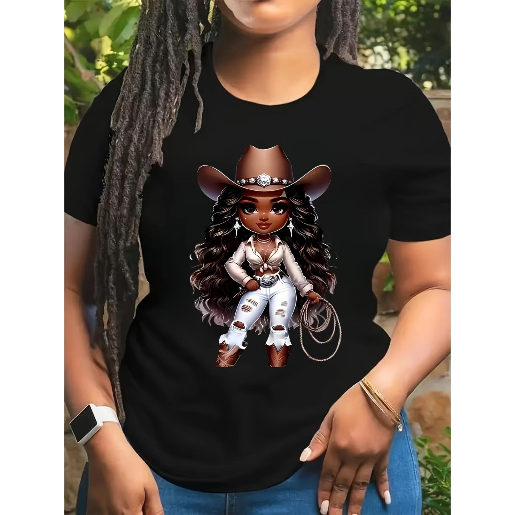 

Women s Casual Short Sleeve T-Shirt - Crew Neck, Polyester Blend, Cowgirl Print, American Style Portrait Tee for Women XXL чорний
