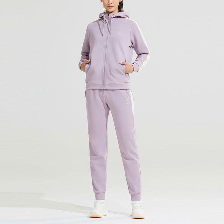 Anta Color Block Hooded Zip-Up Top And Elastic Waist Cuffed Pants Casual Set Women sets Purple 962317707-4