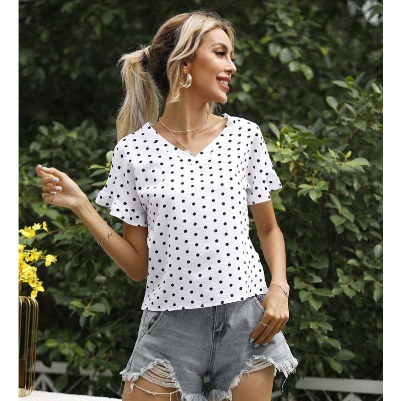 Women's Summer Polka Dot V-Neck Short Sleeve T-Shirt Top