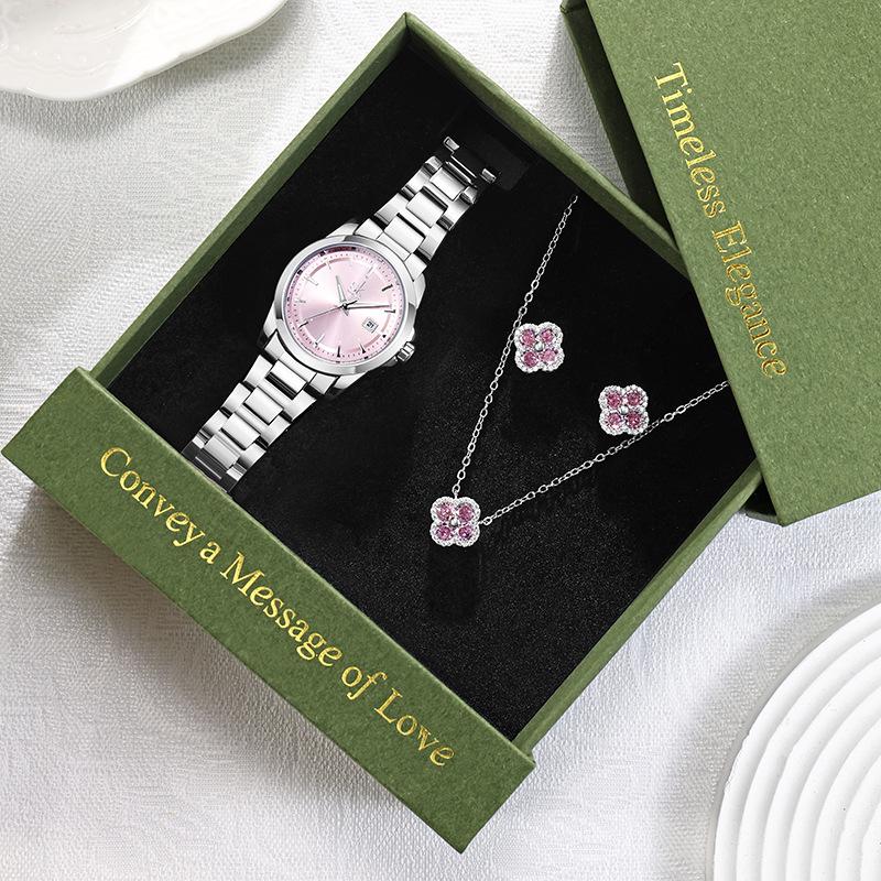 Women's Diamond Watch Set: Elegant Quartz Watch, Necklace & Earrings for Valentine's Day, Gift Box Included