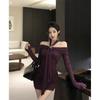 Neck Purple Long-sleeved Dress Women's Autumn and Winter Pure Desire Sexy Hip-wrapped Mom Skirt One-word Shoulder Celebrity Inner Skirt
