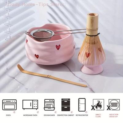 2/4/5pcs Heart Decal Ceramic Matcha Set, Cute Matcha Set Includes Matcha Bowl, Matcha Whisk And Holder, Bamboo Scoop, Sifter