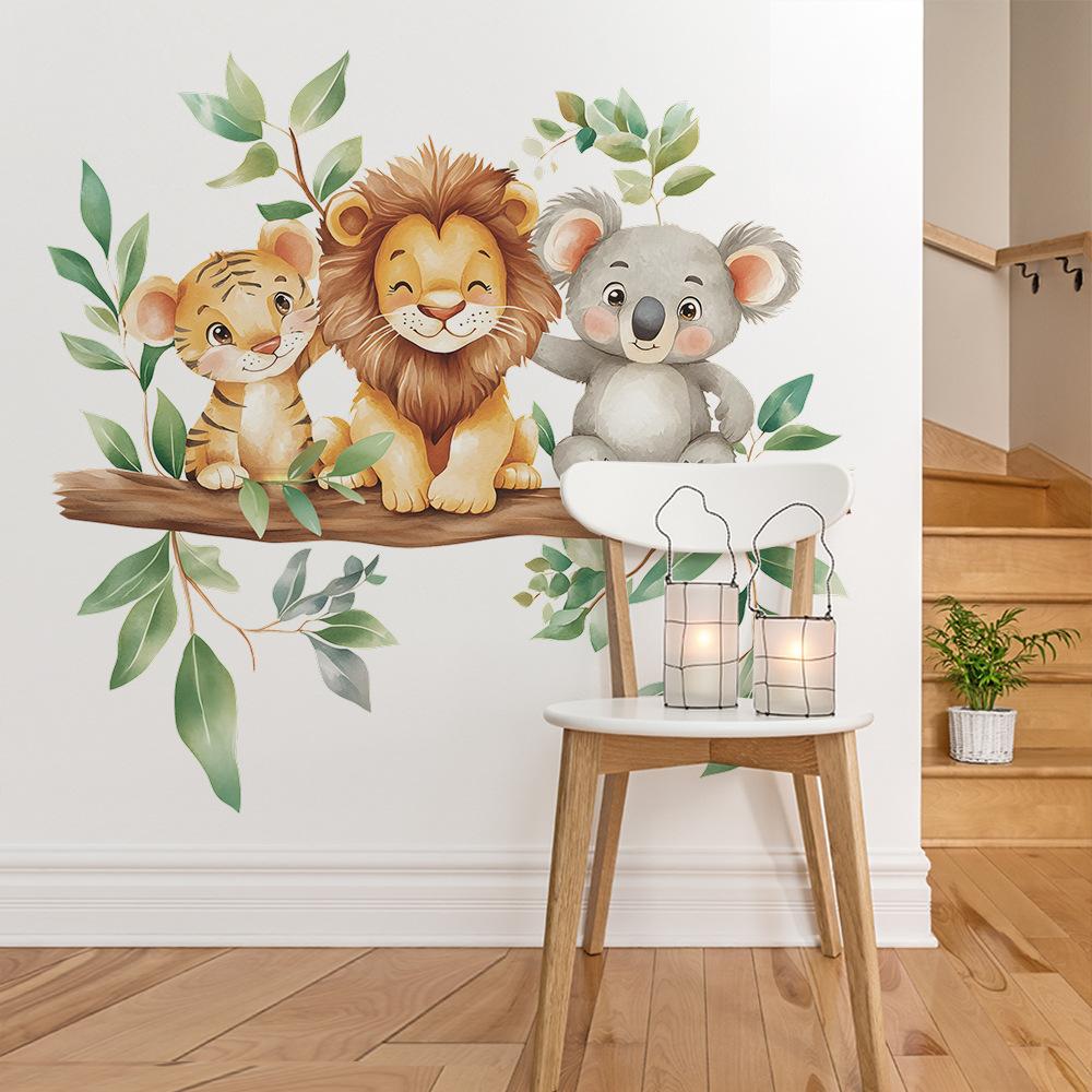 Kreslený Lev Tygr Koala Zelené Rostliny Pozadí Samolepka na Zeď Samolepicí Odnímatelná do Dětského Pokojíčku Domácí Dekorace na Zeď