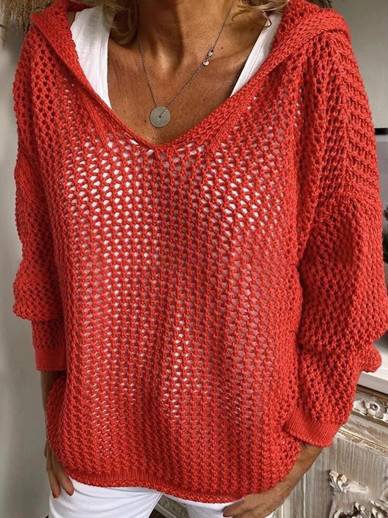 Women's Light Gray Hooded Knitted Sweater with Hollow Weave V Neck, Multiple Colors