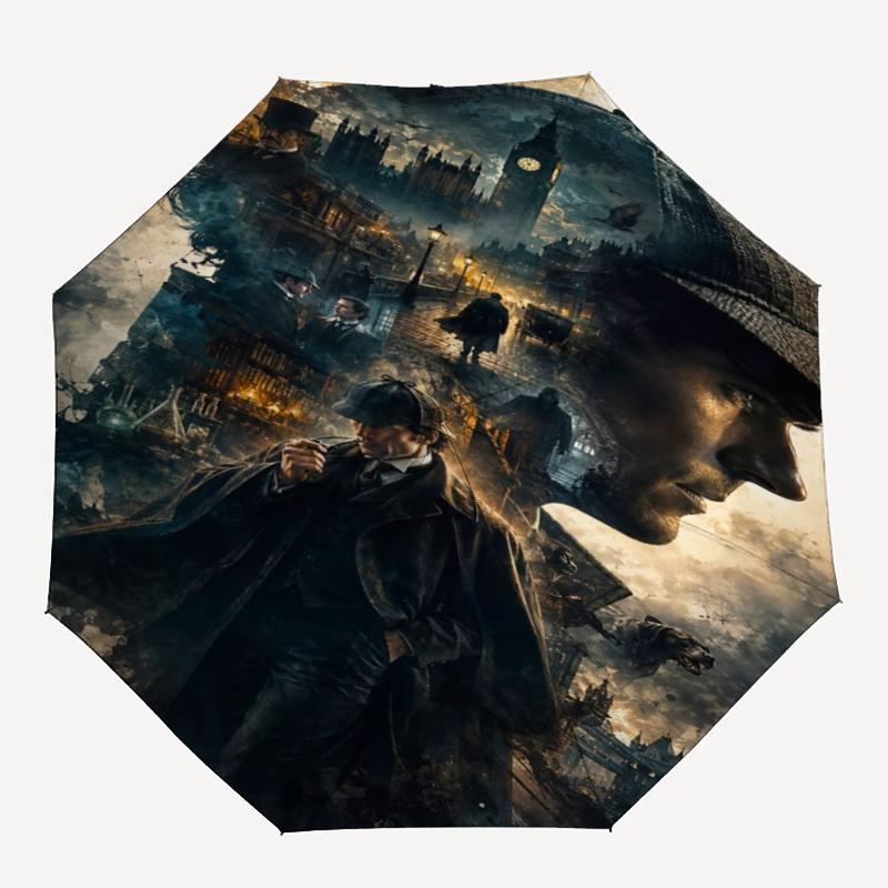 Sherlock Holmes Thema Automatischer Regenschirm, Leicht & Tragbar, 8 Speichen, Perfekt für Reisen im Freien, Geburtstage, Weihnachten, Geschenke.