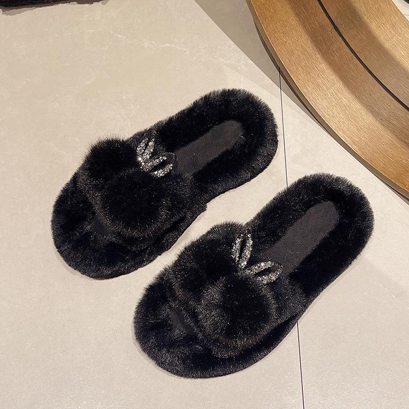Rabbit ears fluffy slippers women wear ins tide 2025 autumn and winter new Internet celebrity thick bottom cotton mop home one-word mop
