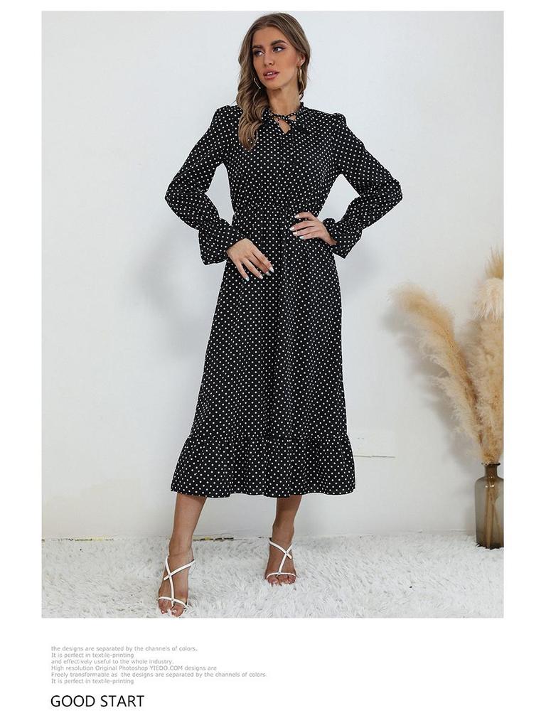 European & American Long-Sleeved Pleated Polka Dot Dress - Autumn/Winter 2022