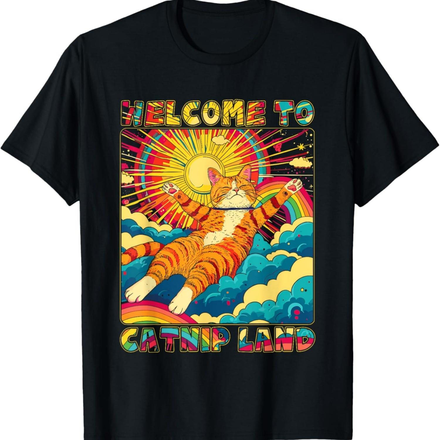 

Cat Catnip Land 60s 70s Hippie Aesthetic Cat Lover Women Men T-Shirt S чёрный