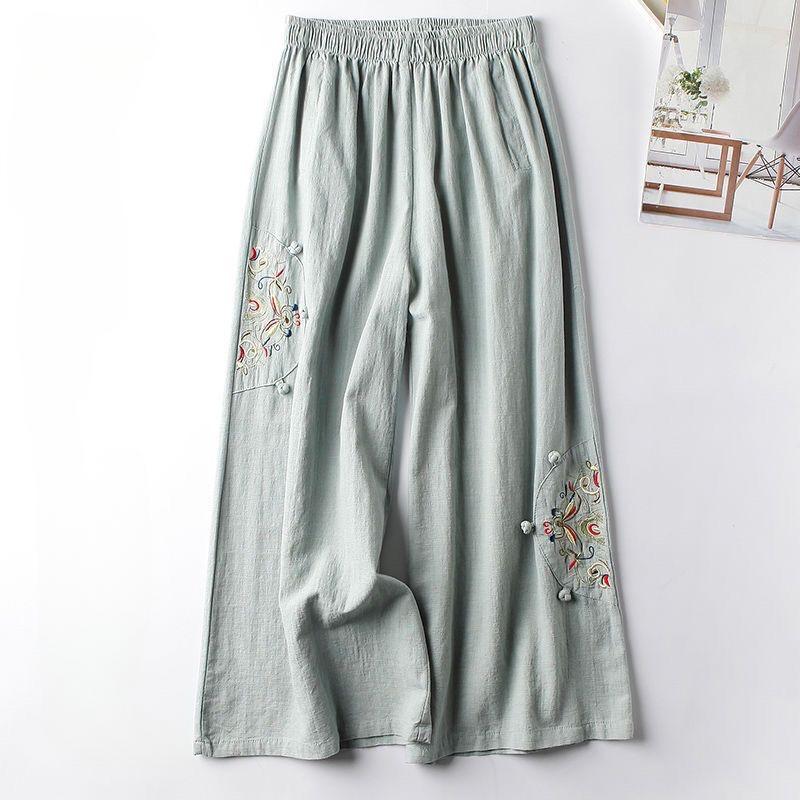 Spring and Summer Cotton and Linen Retro Ethnic Style Embroidered Wide-leg Pants Versatile and Thin Nine-minute Pants