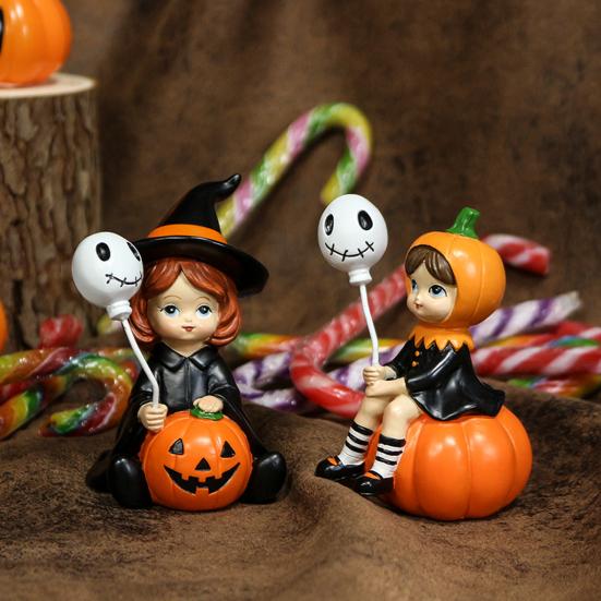 Yousheng 2Pcs Pumpkin Witch Figurines Witch Holding Skull Balloon Ornament Cartoon Witch Statues for Halloween Miniature Scene Props