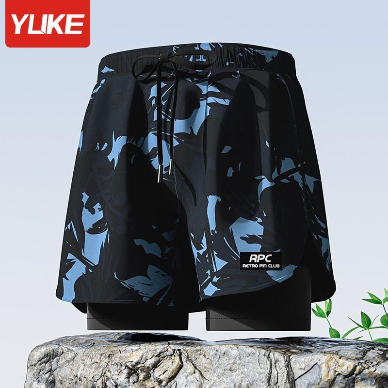 Mens Double-Layered Board Shorts Swim Trunks Beach Swimming Surfing Quick-Dry Anti-Chafe Athletic Swimwear