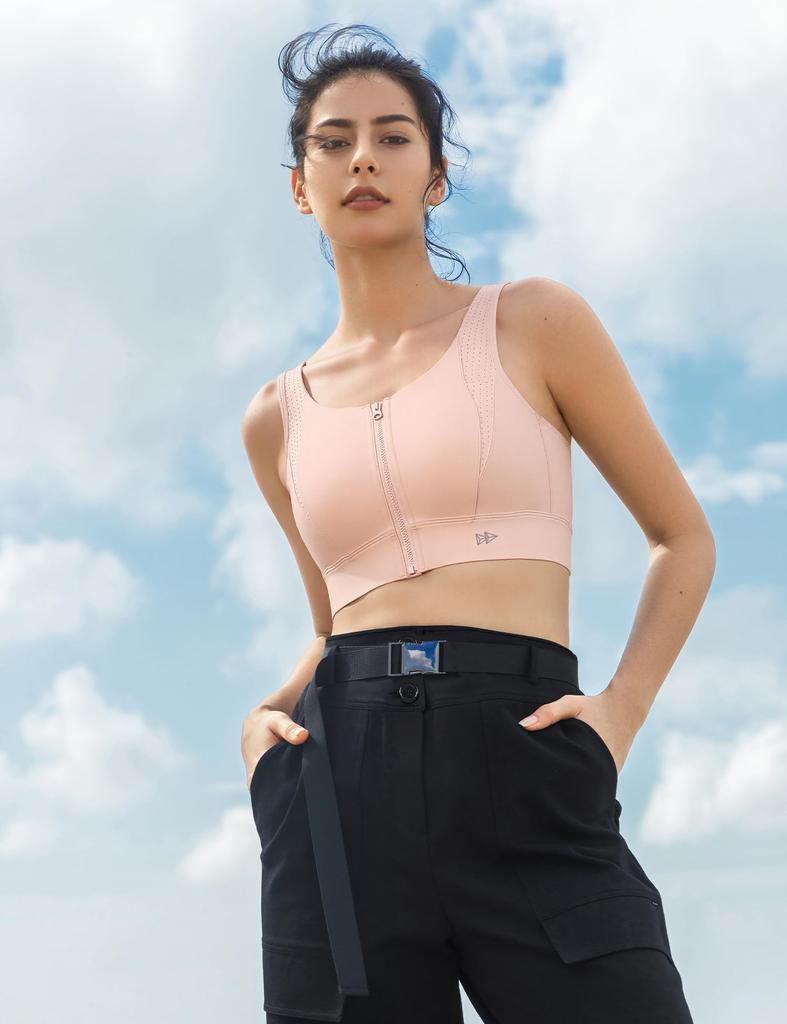 Yvette Sports High Integrated 3XL Pink Women's Non-Slip Bra, Front-Opening, Support, Sweat-Wicking, Quick-Drying, Cross-Back, Cup, Wireless,