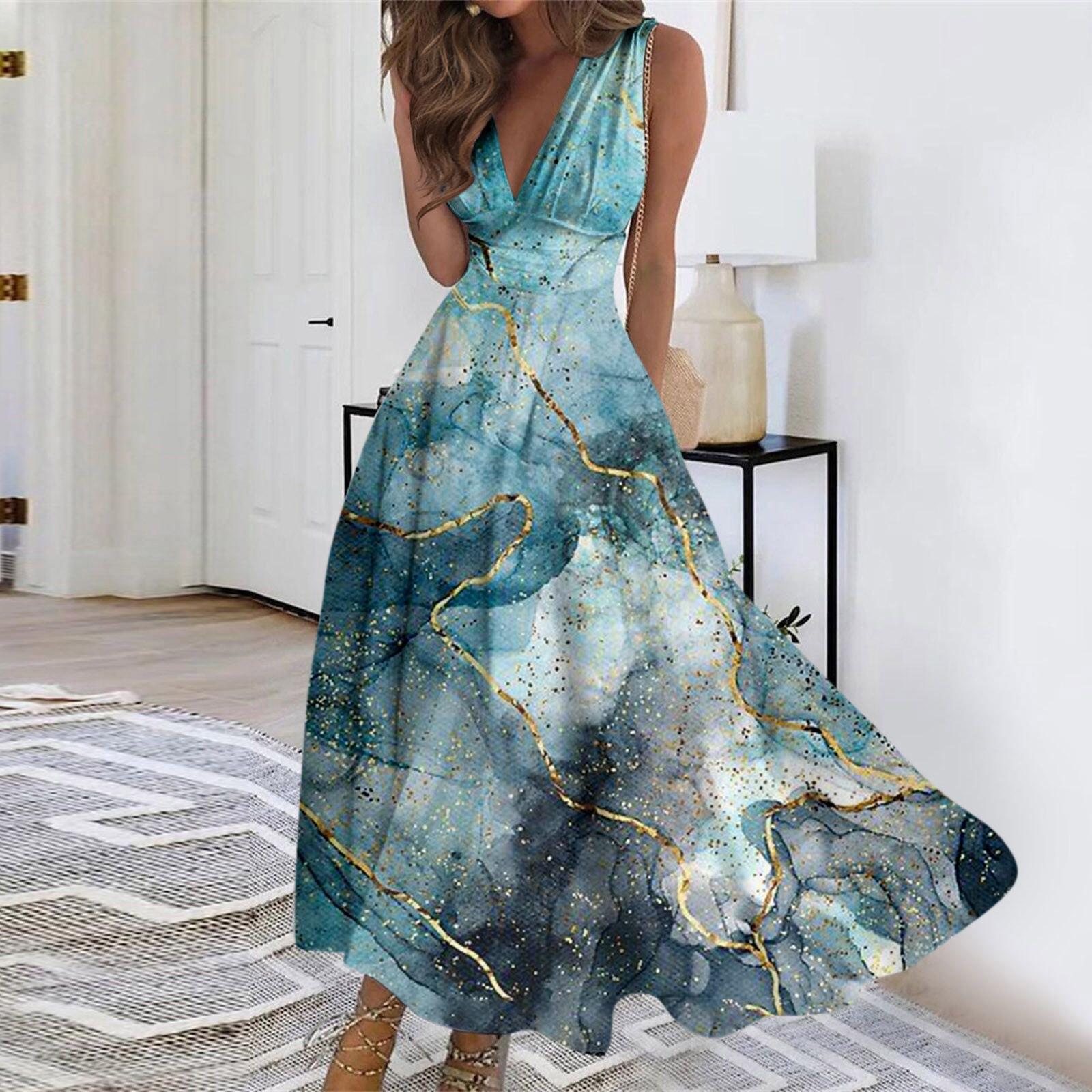 

Женское длинное платье Платье макси Повседневное платье Летнее повседневное платье без рукавов с v-образным вырезом в стиле бохо с талией и принтом XXXL зелёный