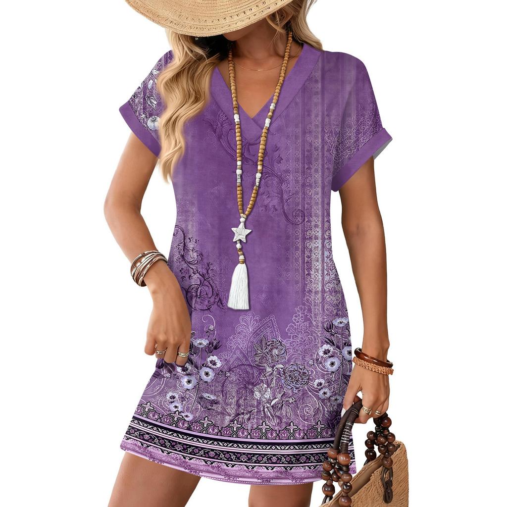 Women's Fashion Print V-Neck Short Sleeve Pocket Casual Pullover Dress