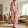 Conjunto de 2 piezas de Algodón y Lino para Mujer Tops sin Mangas tipo Halter y Pantalones de Pierna Ancha Conjuntos de Salón Atuendos Casuales para Vacaciones