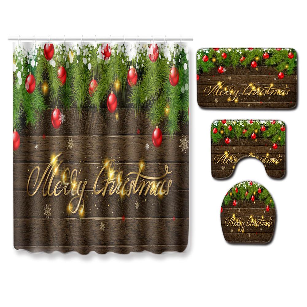 Christmas Shower Curtain Floor Mat Combination Four-Piece Set Bathroom Toilet Carpet Shower Room Mat Foot Mat