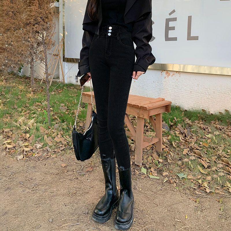 

Джинси слім-фіт для жінок Корейська версія ультрависокої талії Дев ятихвилинні Джинси-скінні з ефектом ліфтингу стегон 4XL чорний