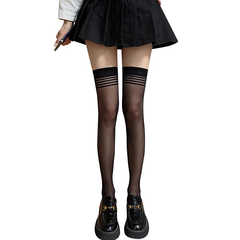 Damen-Langstrümpfe für den Sommer, dünn, knitterarm, dreidimensionales Muster, über dem Knie, rutschfest, verlängerte schwarze Oberschenkelstrümpfe