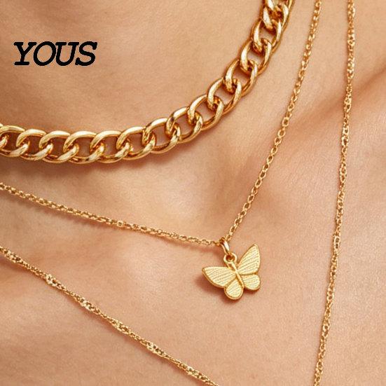 Double Butterfly Necklace 3-Layered Necklace, Women Rhinestone Pendant Chunky Chain Layered Choker, Dainty Charm Jewelry Gift for Her Trendy