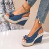 Peep Toe Bow-Knot Slingback Sandals Espadrille Platform Wedges Breathable Denim Sandals Ankle Strap Casual Summer Shoes Woman