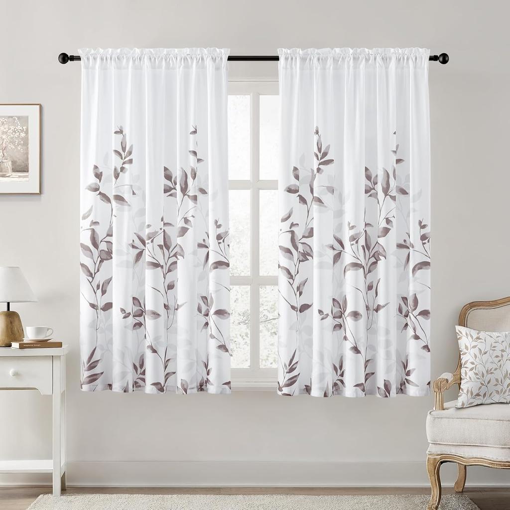 Green and White Privacy Sheer Curtains Length 2 Panels,Leaf Floral Printed Light Filtering Semi Sheer Window Curtains Drapes for
