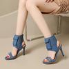 Fashion Denim Roman Style High Heels Women's Open-Toe Sandals Summer Large Size Zipper Side Slippers round Toe Rubber Bottom Shoes