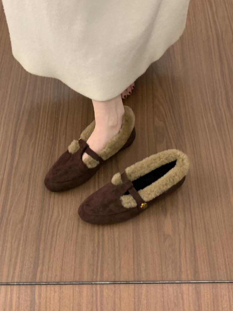 Suede Retro Velvet Warm Cotton Shoes Female Autumn and Winter Fairy Wind Mary Jane Fluffy Shoes Female