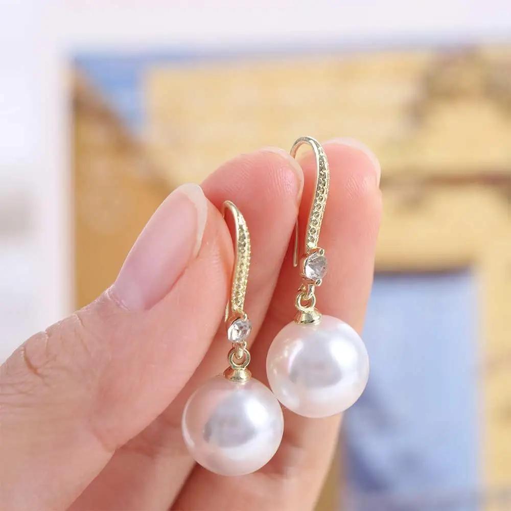 Water Drop Shape Long Earrings Shell Beads Simulation Freshwater Pearl Drop Earrings Rhinestone Temperament Ear Hook Ear Jewelry
