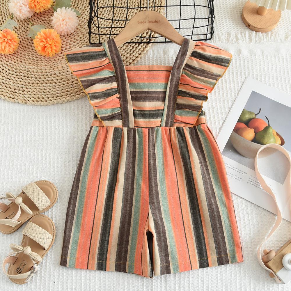 Girls Summer Fashion Square Neck Contrast Flutter Sleeve Striped Backless Romper Shorts For Kids 130cm