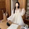 French Bow Shoulder Bubble Sleeve Chiffon Wrinkle Dress Sweet Off Shoulder Loose Elegant Fairy Short Skirt Female
