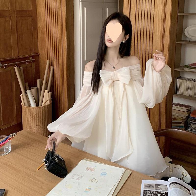 French Bow Shoulder Bubble Sleeve Chiffon Wrinkle Dress Sweet Off Shoulder Loose Elegant Fairy Short Skirt Female