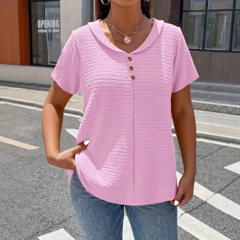 Camiseta Elegante Gola Boneca Tamanho Grande para Mulheres Cor Sólida Manga Curta Botões Plissados Tops Verão Solta Casual Simples Doce Camisa Roupa Feminina
