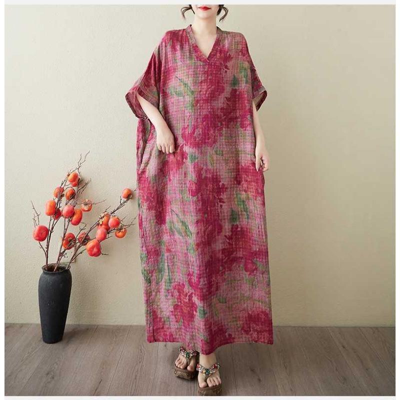Women's Vintage Long Dress with Cotton and Linen Patterns