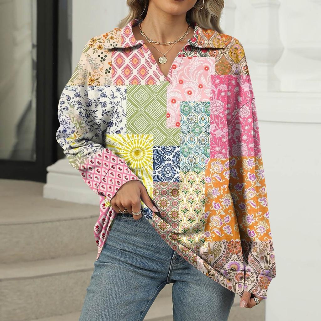 Women's Summer Fashion Casual  Printed V-Neck Long Sleeve Shirt Top