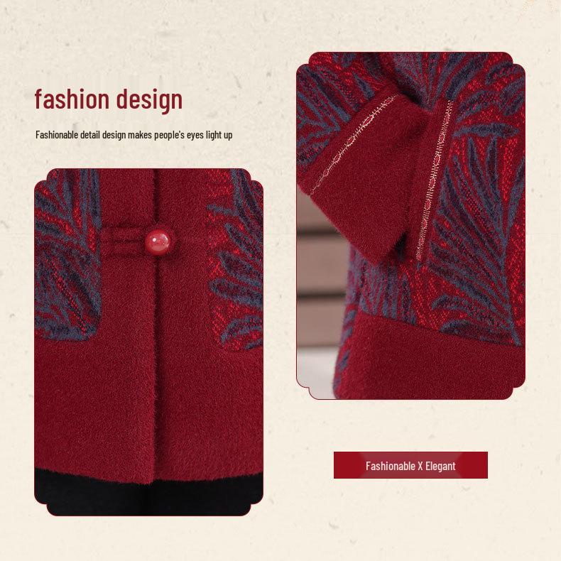 Women's Plus Velvet Woolen Coat for 60s-70s, Mid-aged and Elderly Autumn/Winter Fashion Overcoat