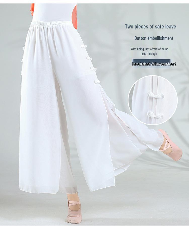Women's Double Layer White Chiffon Dance Culottes - Wide Leg Flowy Pants for Classical Chinese Dance Practice