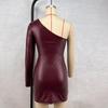 2025 Sexy One-Shoulder Single-Sleeve Ruched Bodycon PU Leather Mini Dress
