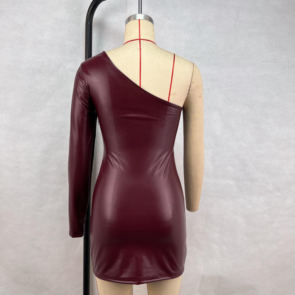 2025 Sexy One-Shoulder Single-Sleeve Ruched Bodycon PU Leather Mini Dress