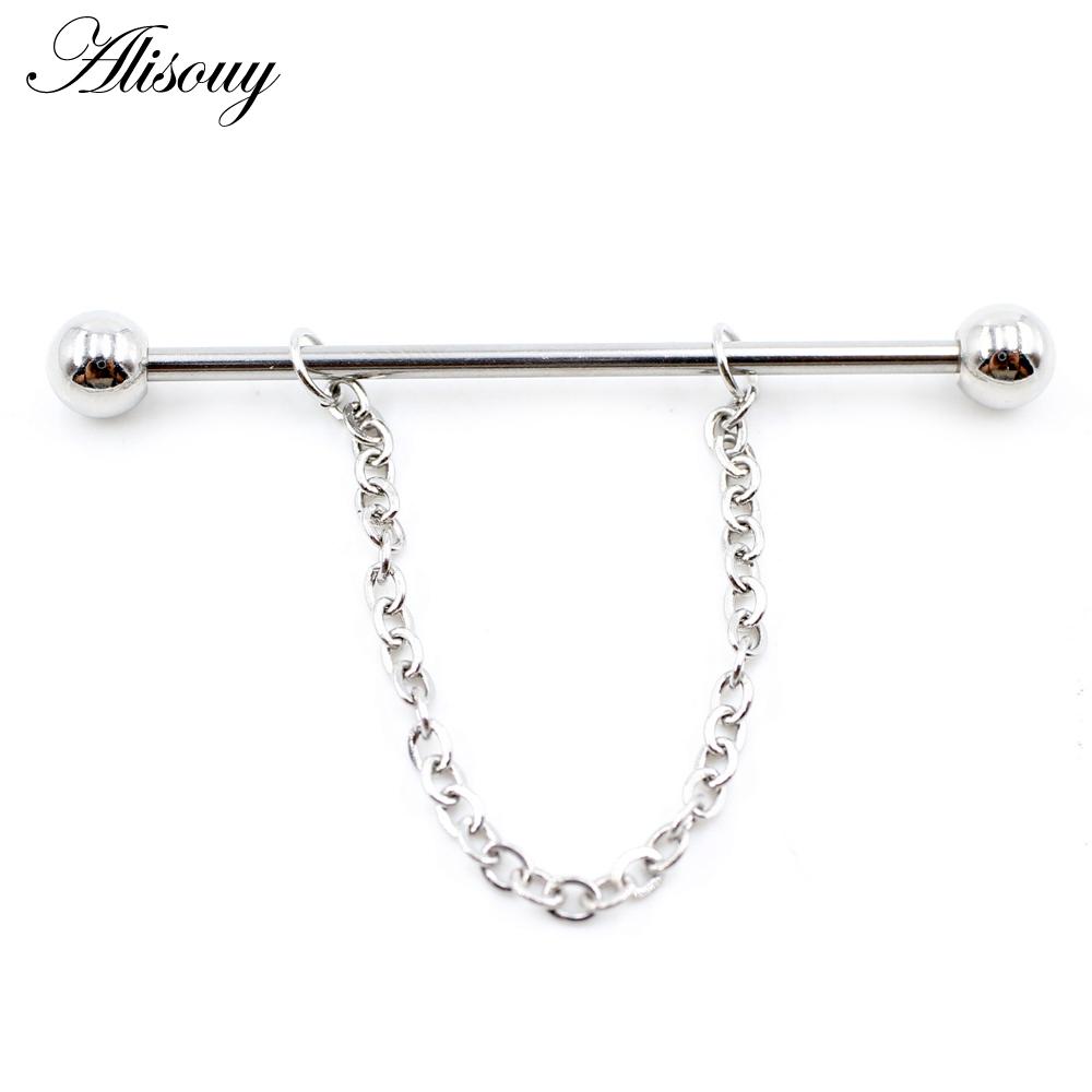 Alisouy 2 st Runda Kulkedja Lång Rostfritt Stål Industriell Hantel Öronbrosk Örhängen Rak Stift Piercing Kroppsmycken