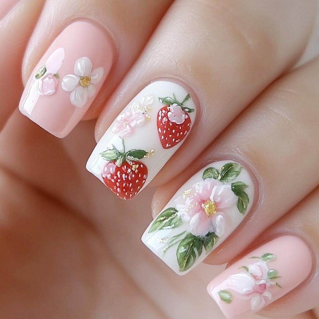 24 Piezas Diseño de Perlas Longitud Media Ballet Cobertura Completa Cuadrado Uñas Postizas Puntas de Uñas Falsas Set de Manicura