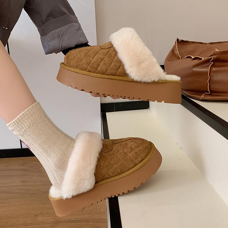 Thick-soled Hairy Edge Short Tube Bag Head Snow Boots Slippers Wear Piled Waterproof Cotton Slippers Winter Non-slip Cotton Shoes