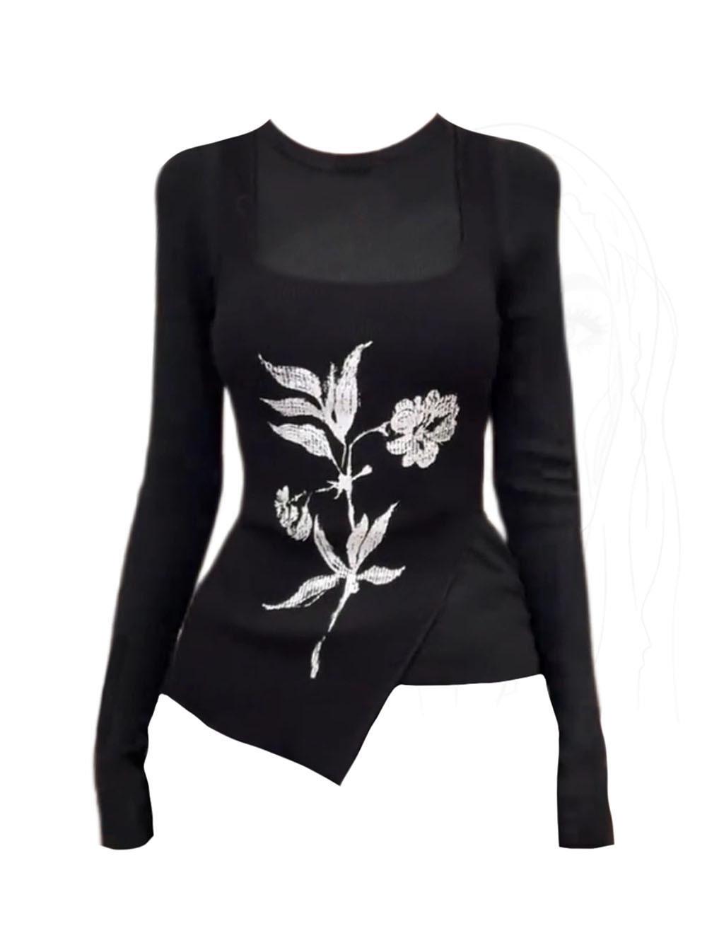 

Plus Size Retro Floral Long Sleeve T-shirt & Split Camisole Set for Women XL